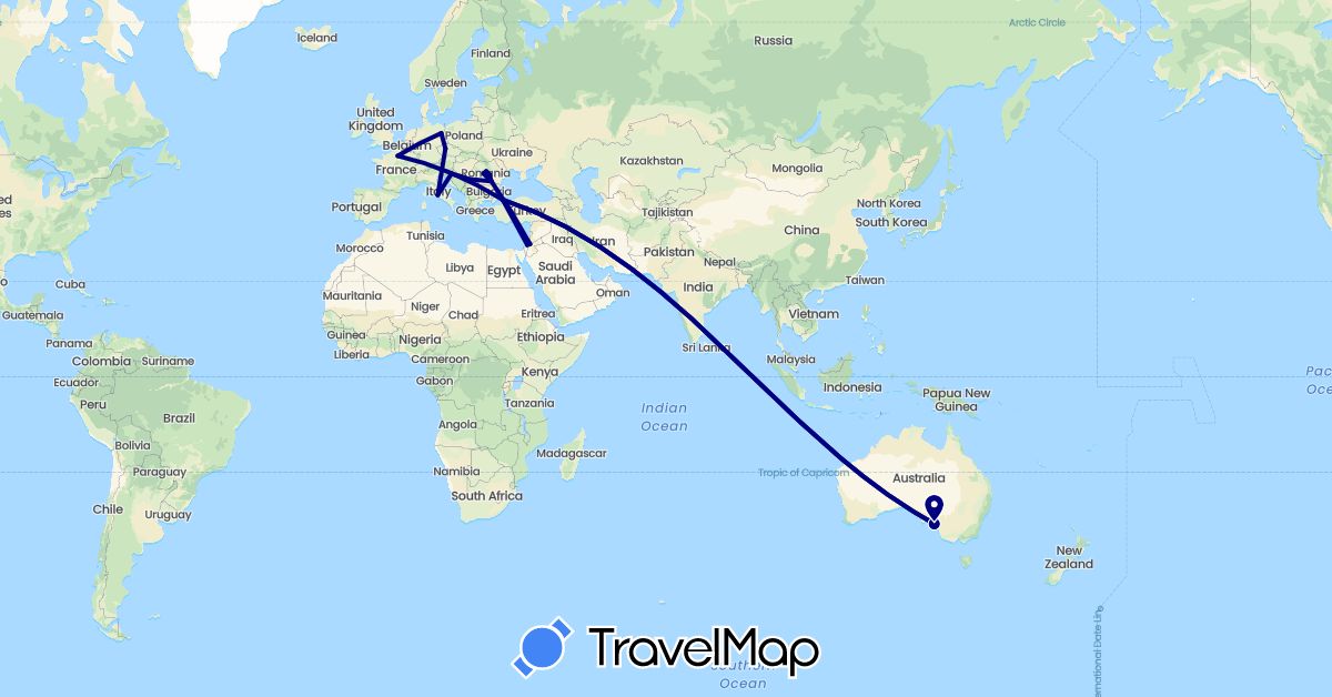 TravelMap itinerary: driving in Australia, Czech Republic, Germany, France, Croatia, Israel, Italy, Jordan, Romania, Serbia, Turkey (Asia, Europe, Oceania)